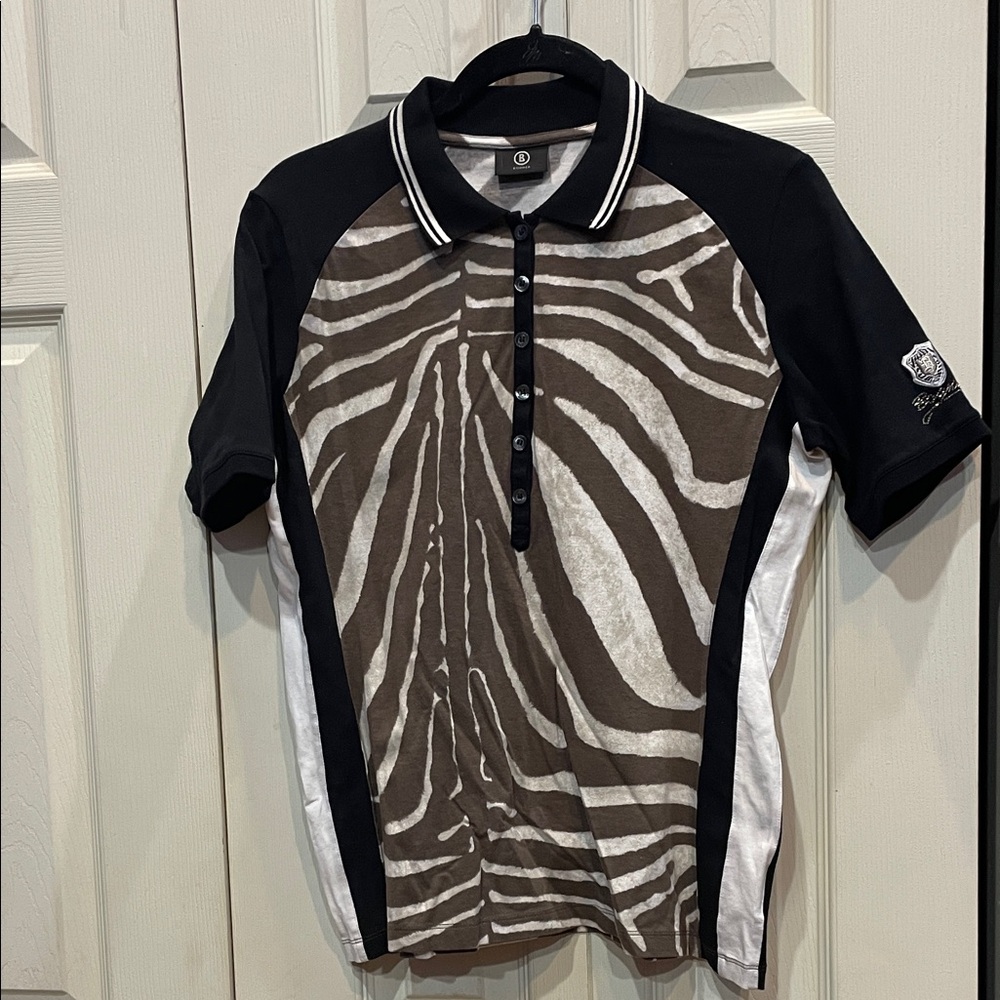 Bogner Black and Brown Zebra Print Polo Size Medium
